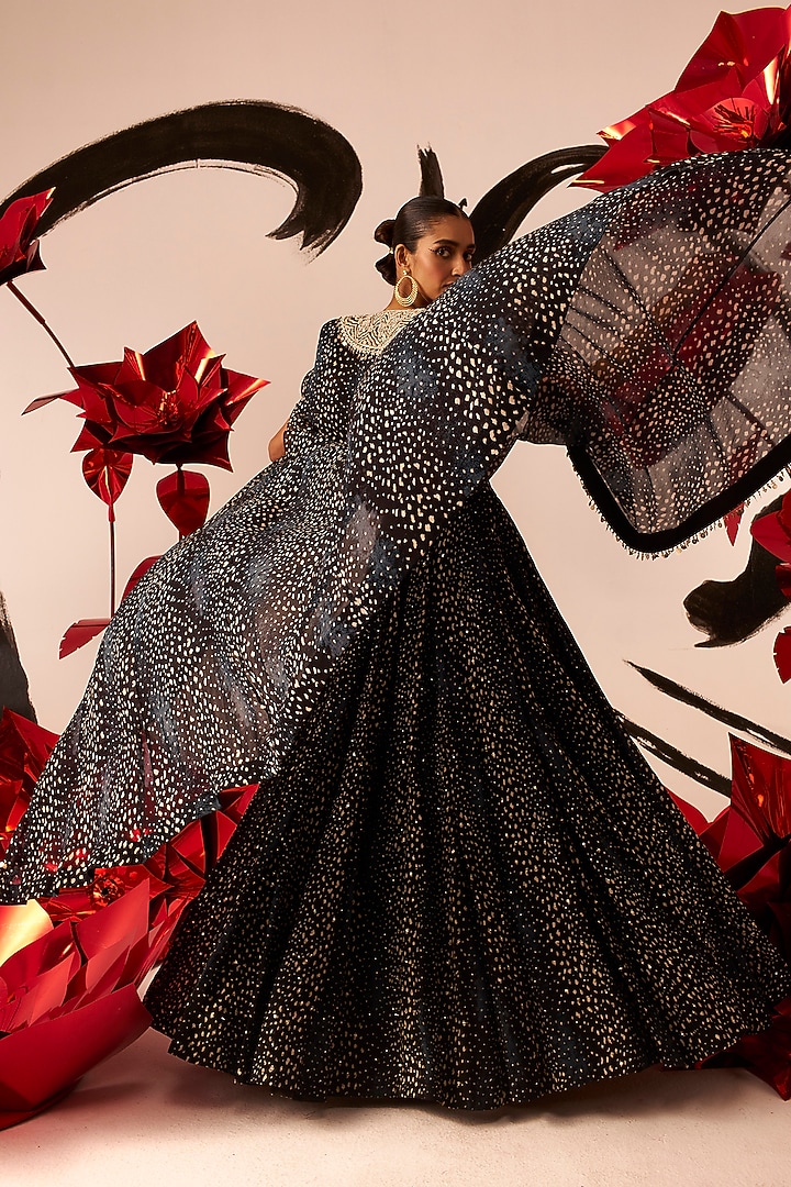 Black Twill Organza & Georgette Embroidered Cape Set by Bhumika Sharma at Pernia's Pop Up Shop