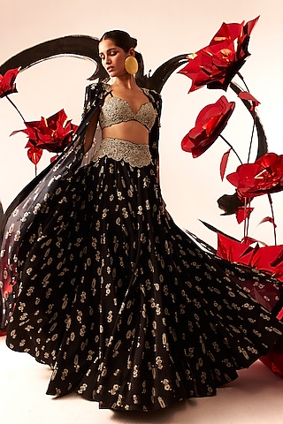 Black Twill Organza & Georgette Floral Printed Cape Set by Bhumika Sharma
