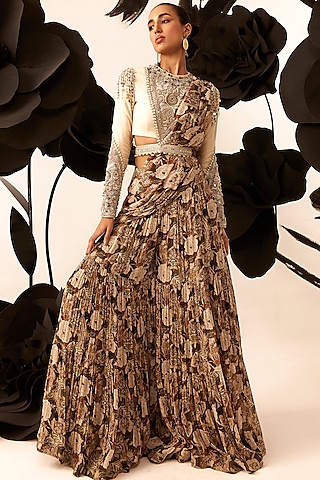 Multi-Colored Georgette & Chanderi Silk Floral Printed Palazzo Saree Set by Bhumika Sharma