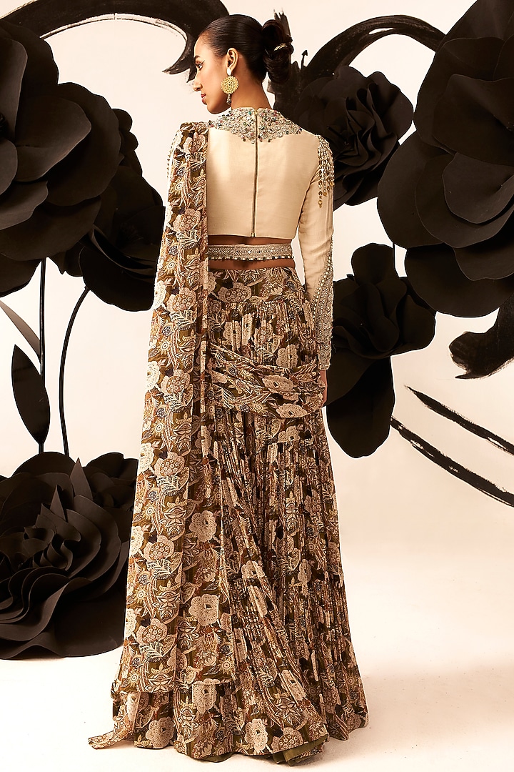 Multi-Colored Georgette & Chanderi Silk Floral Printed Palazzo Reception Saree Set by Bhumika Sharma at Pernia's Pop Up Shop