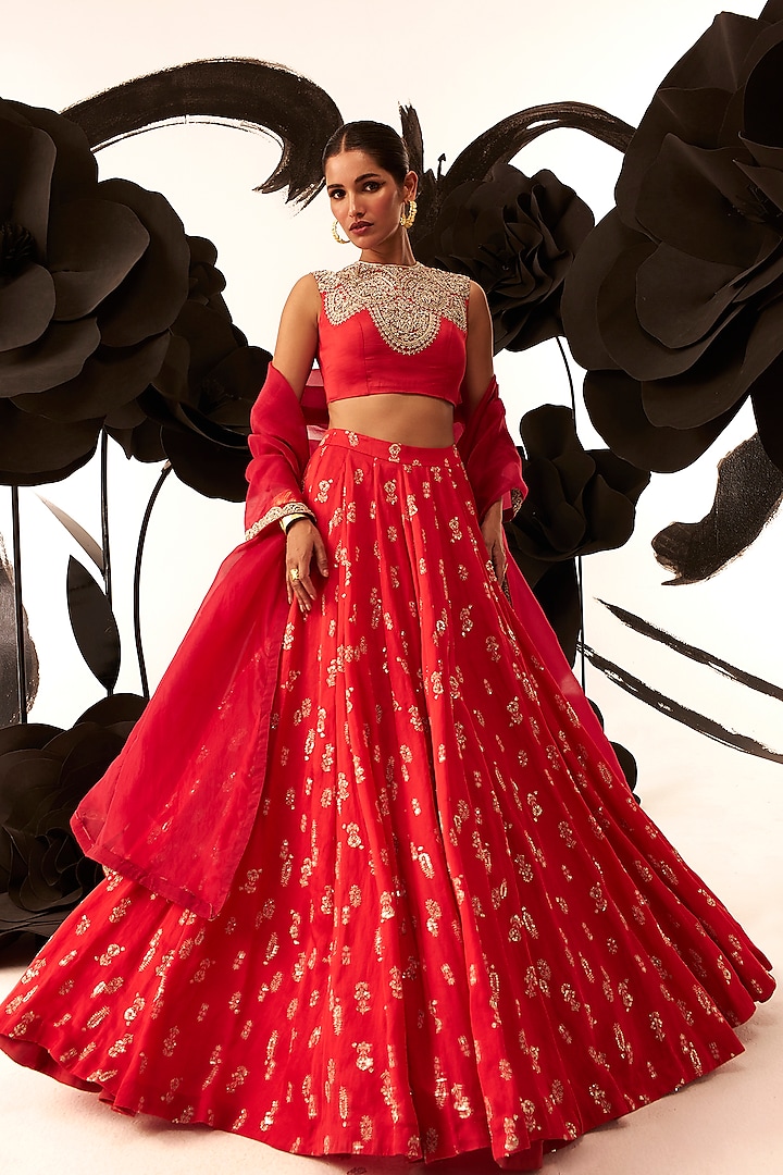 Red Georgette & Linen Satin Lehenga Set by Bhumika Sharma