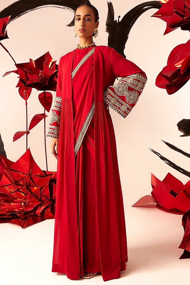 Red Georgette Embroidered Jacket Saree Set by Bhumika Sharma