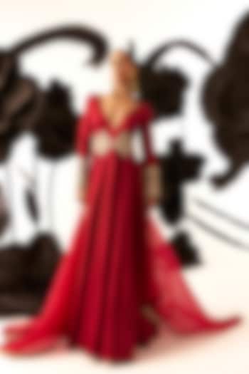 Red Twill Organza Embroidered Bridal Anarkali Set by Bhumika Sharma at Pernia's Pop Up Shop