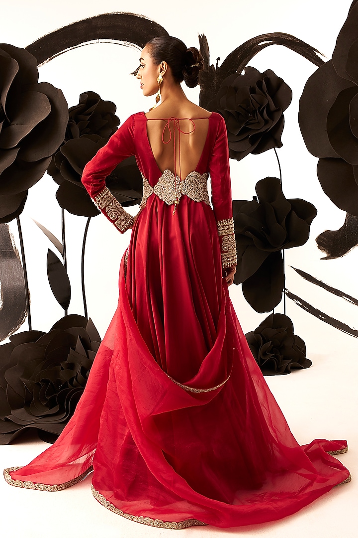 Red Twill Organza Embroidered Bridal Anarkali Set by Bhumika Sharma at Pernia's Pop Up Shop