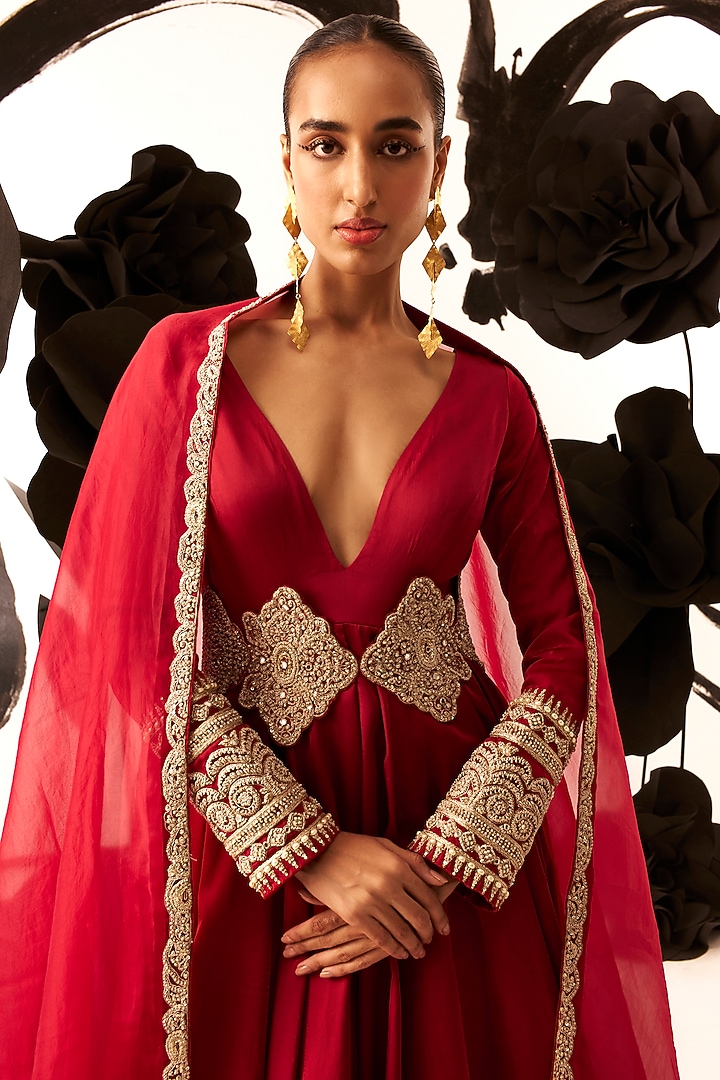 Red Twill Organza Embroidered Bridal Anarkali Set by Bhumika Sharma at Pernia's Pop Up Shop