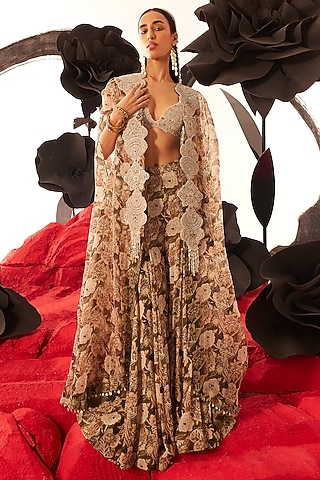 Multi-Colored Organza & Georgette Floral Printed Cape Set by Bhumika Sharma