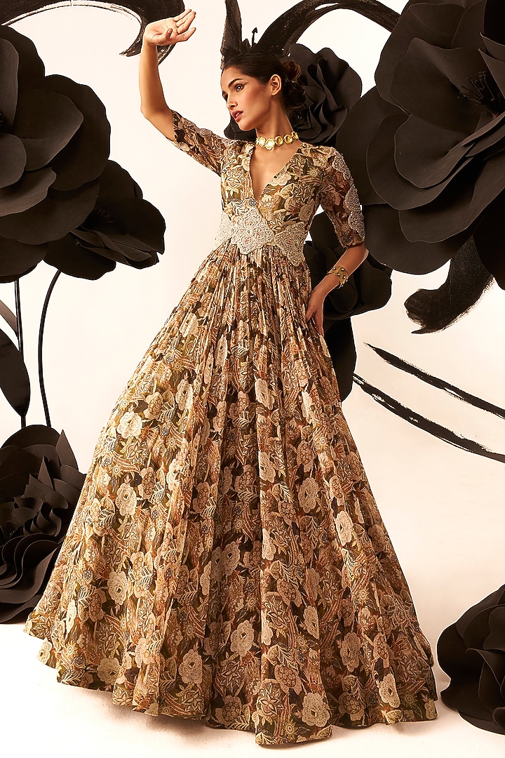 Multi-Colored Twill Organza Floral Printed Bridal Anarkali by Bhumika Sharma at Pernia's Pop Up Shop