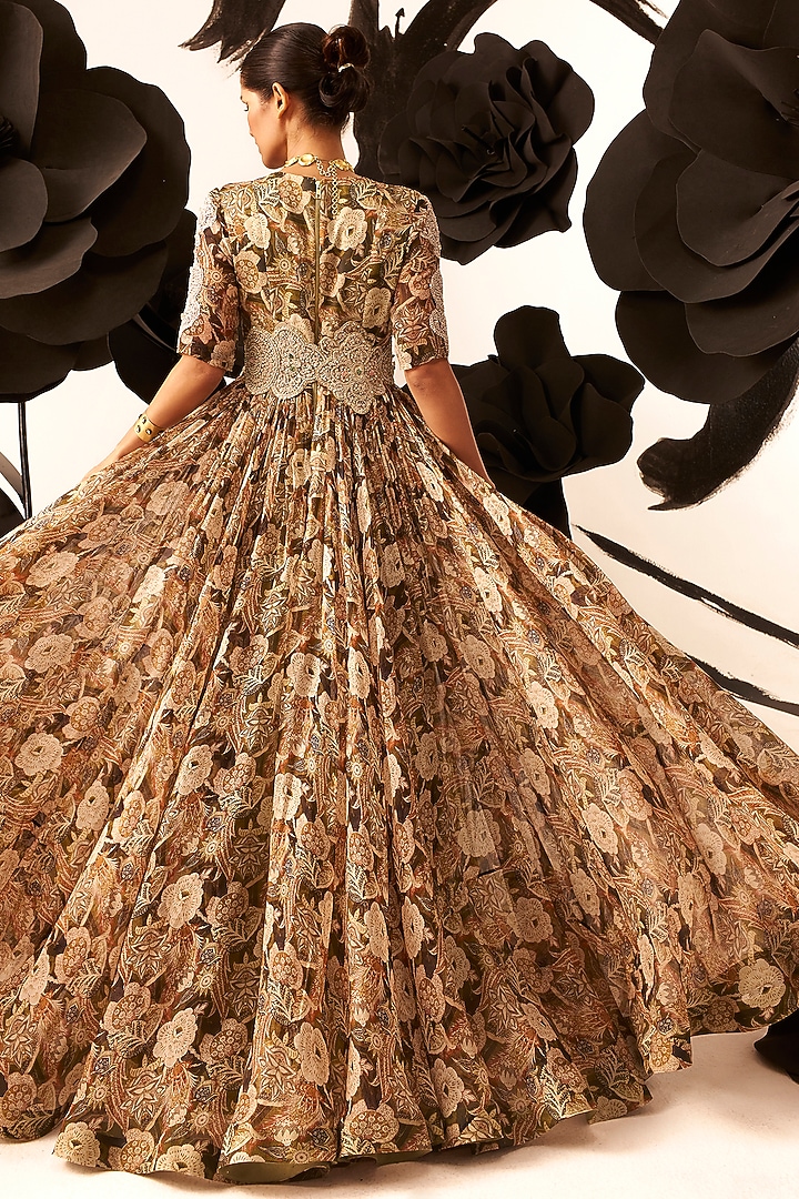 Multi-Colored Twill Organza Floral Printed Bridal Anarkali by Bhumika Sharma at Pernia's Pop Up Shop