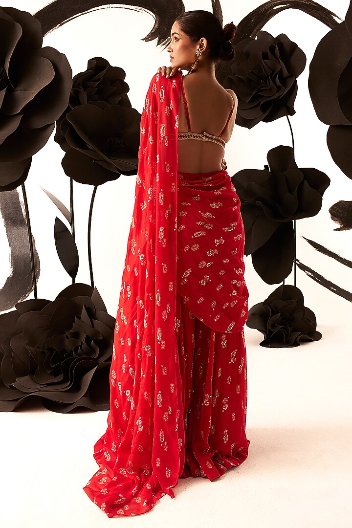 Red Georgette & Net Palazzo Pant Wedding Saree Set by Bhumika Sharma at Pernia's Pop Up Shop