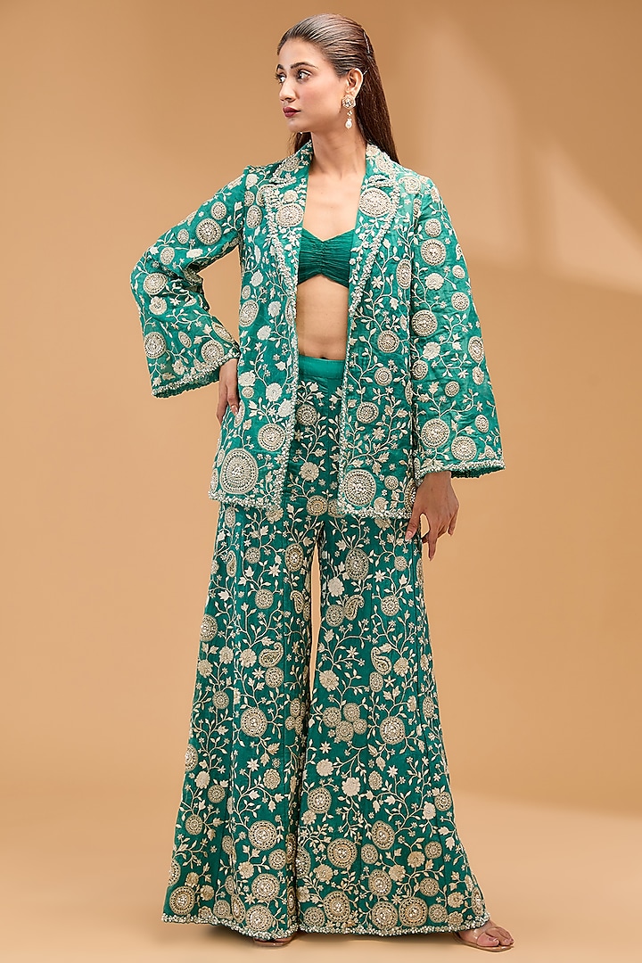 Teal Green Organza & Georgette Embroidered Jacket Set by Bhumika Sharma