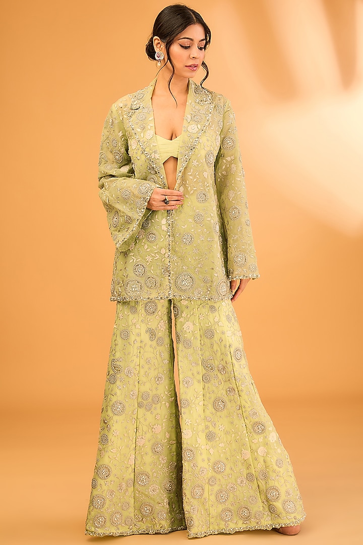 Mint Green Organza Embroidered Jacket Set by Bhumika Sharma at Pernia's Pop Up Shop