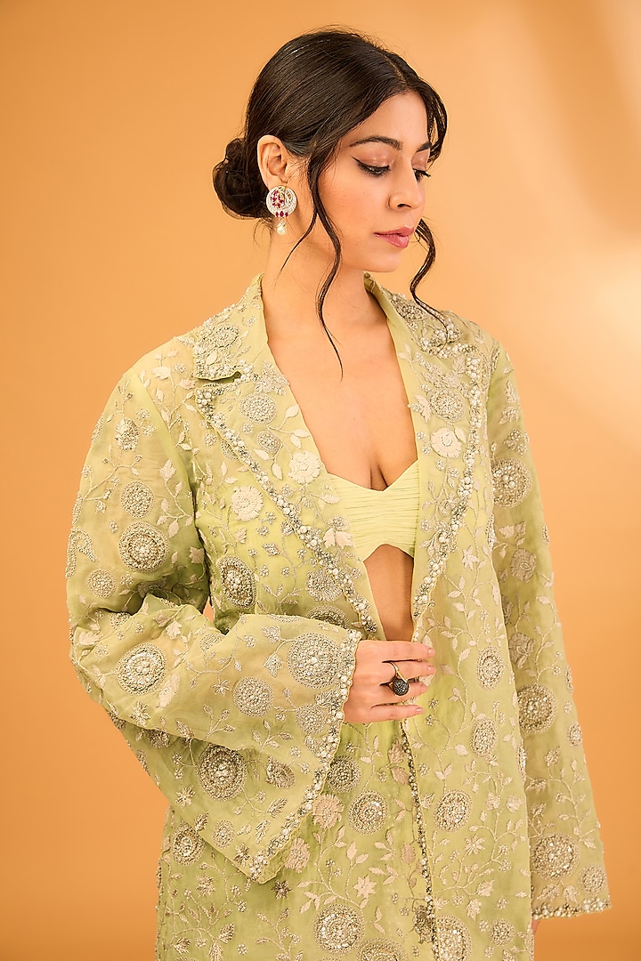 Mint Green Organza Embroidered Jacket Set by Bhumika Sharma at Pernia's Pop Up Shop