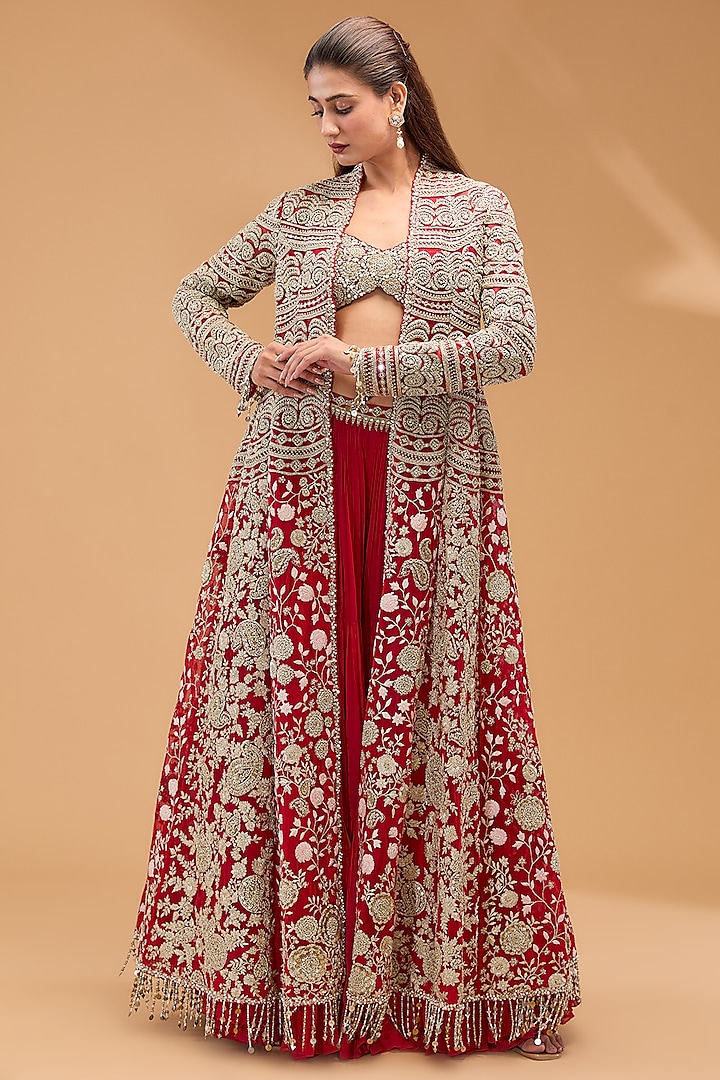 Red Net & Georgette Floral Embroidered Jacket Lehenga Set by Bhumika Sharma