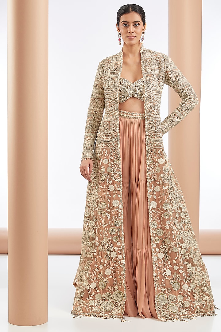 Nude Georgette & Net Floral Embroidered Jacket Set by Bhumika Sharma