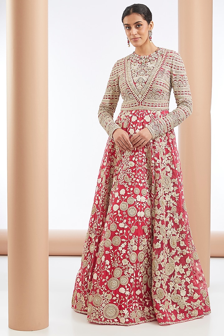 Fuchsia Net Floral Embroidered Anarkal by Bhumika Sharma