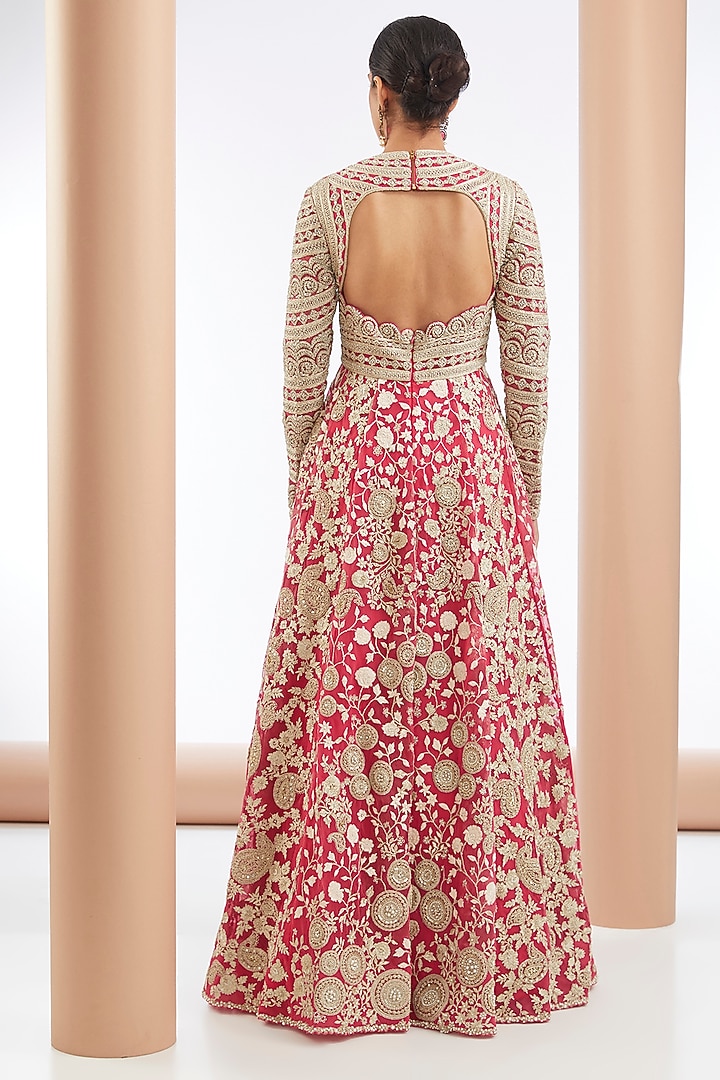 Fuchsia Net Floral Embroidered Anarkal by Bhumika Sharma at Pernia's Pop Up Shop