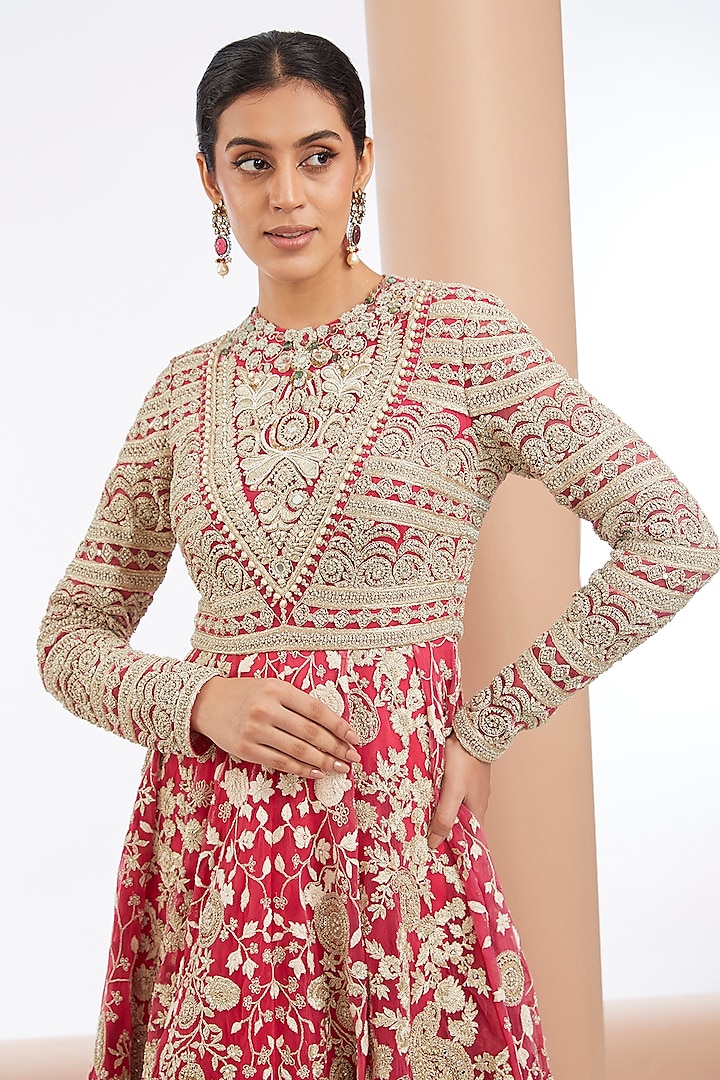 Fuchsia Net Floral Embroidered Anarkal by Bhumika Sharma at Pernia's Pop Up Shop