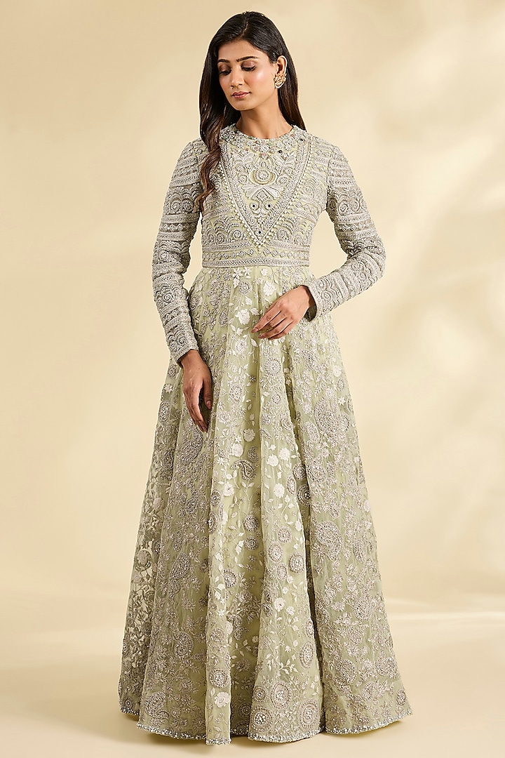 Mint Shantoon & Net Floral Embroidered Bridal Anarkali by Bhumika Sharma at Pernia's Pop Up Shop