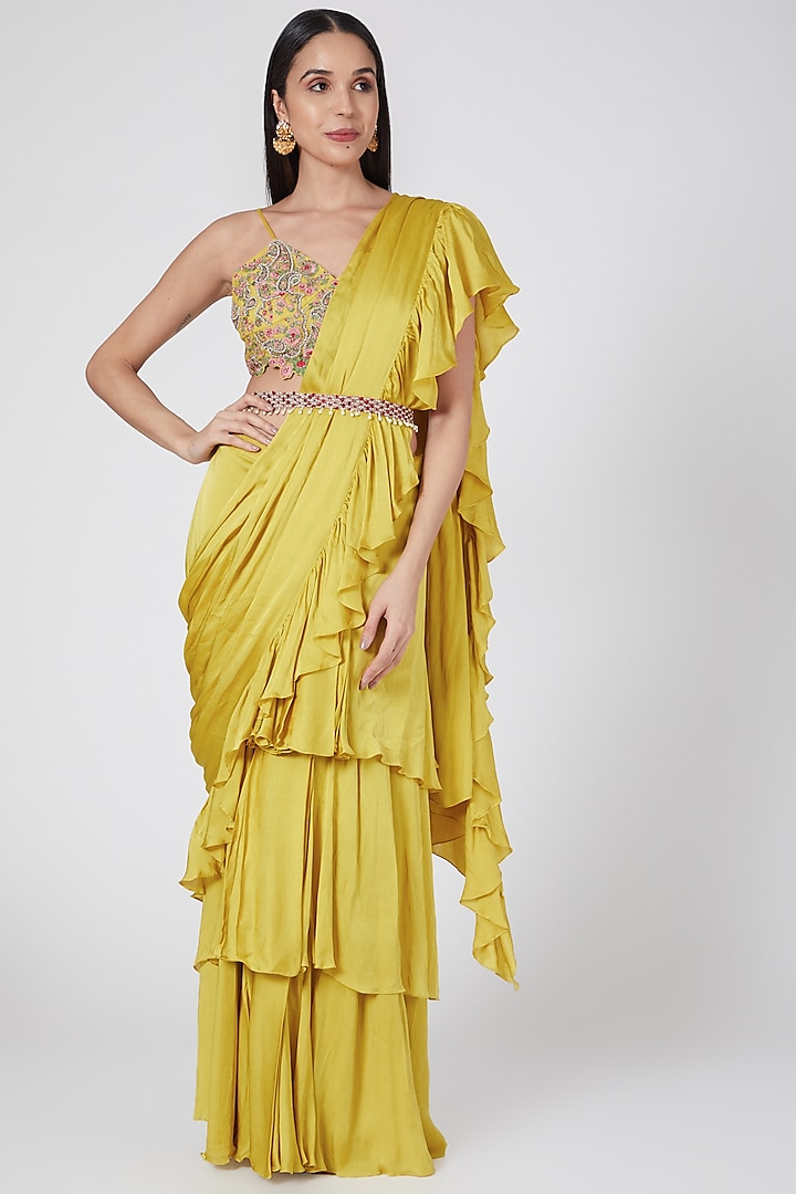 Yellow Embroidered Ruffled Pre-Stitched Saree Set  by Bhumika Sharma