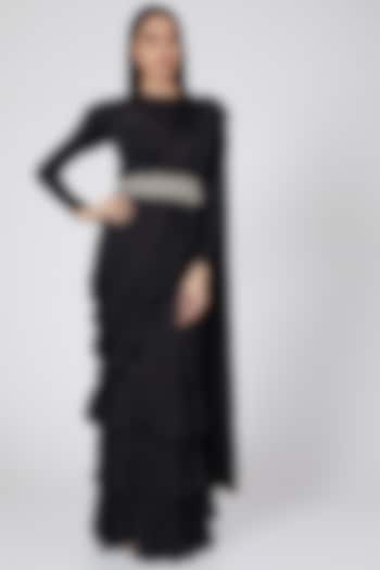 Black Embellished Ruffled Saree Set by Bhumika Sharma