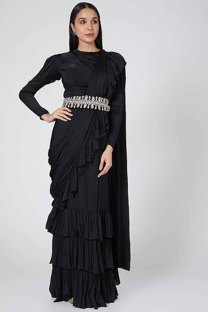 Black Embellished Ruffled Saree Set by Bhumika Sharma