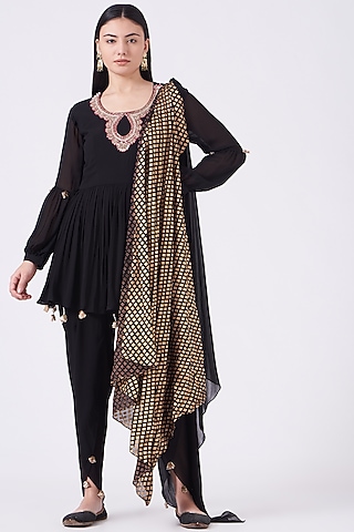 Black Embroidered Peplum Kurta Set by Bhumika Sharma