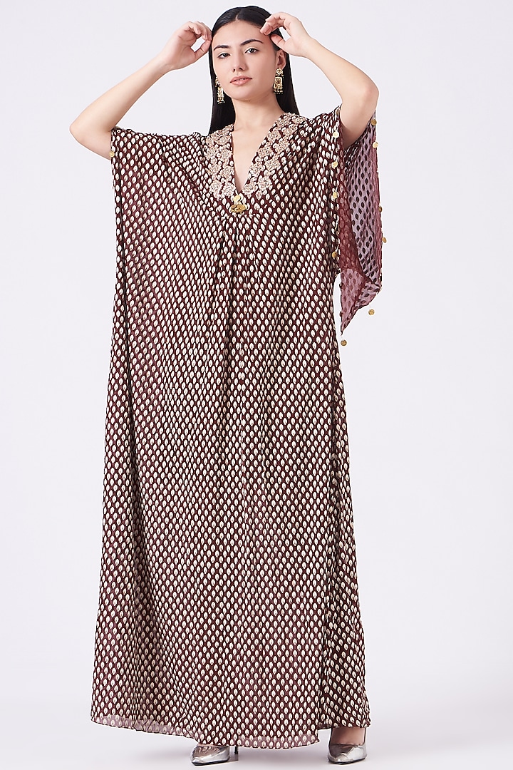 Burgundy Embroidered Kaftan Dress by Bhumika Sharma