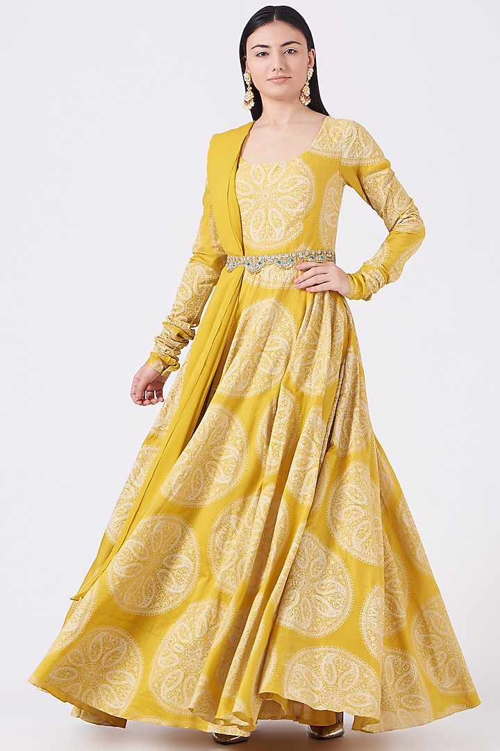 Yellow Printed Anarkali Set by Bhumika Sharma