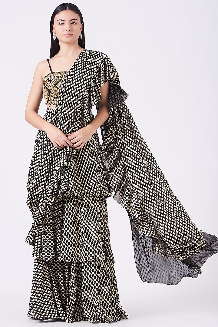 Black Georgette Printed Layered Saree Set by Bhumika Sharma
