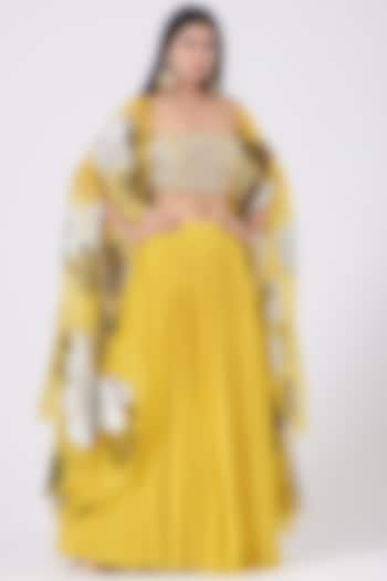 Yellow Skirt Set With Printed Cape by Bhumika Sharma at Pernia's Pop Up Shop