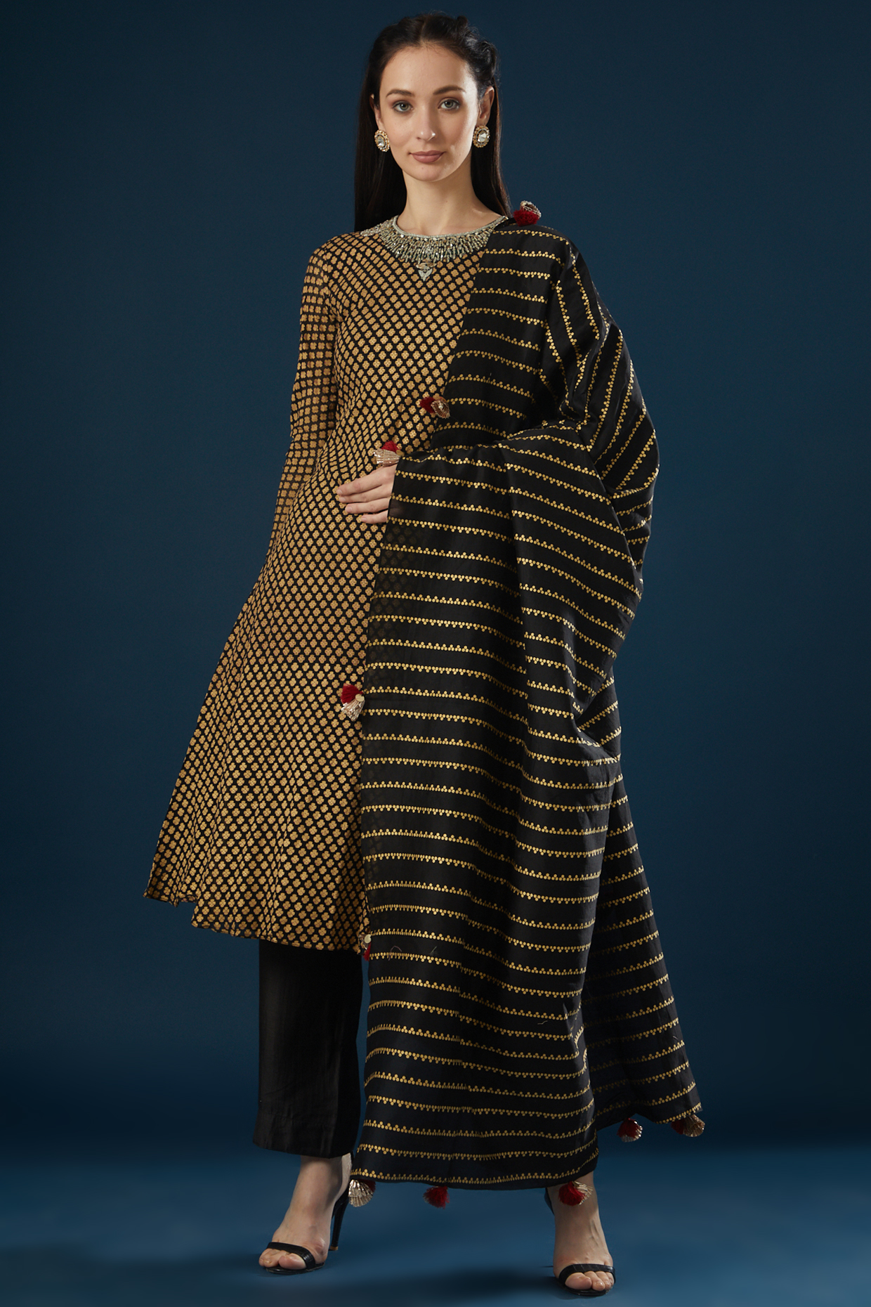 Black Printed A-Line Kurta Set by Bhumika Sharma