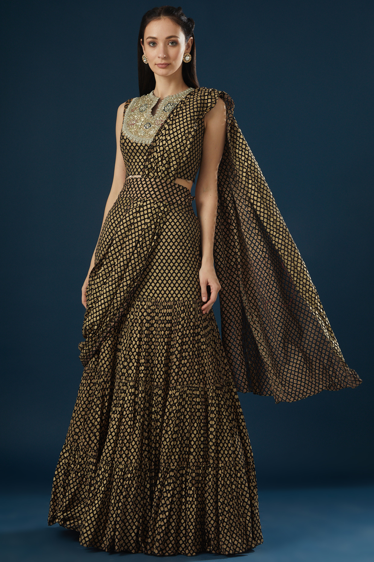 Black Printed Pre-Stitched Saree Set by Bhumika Sharma