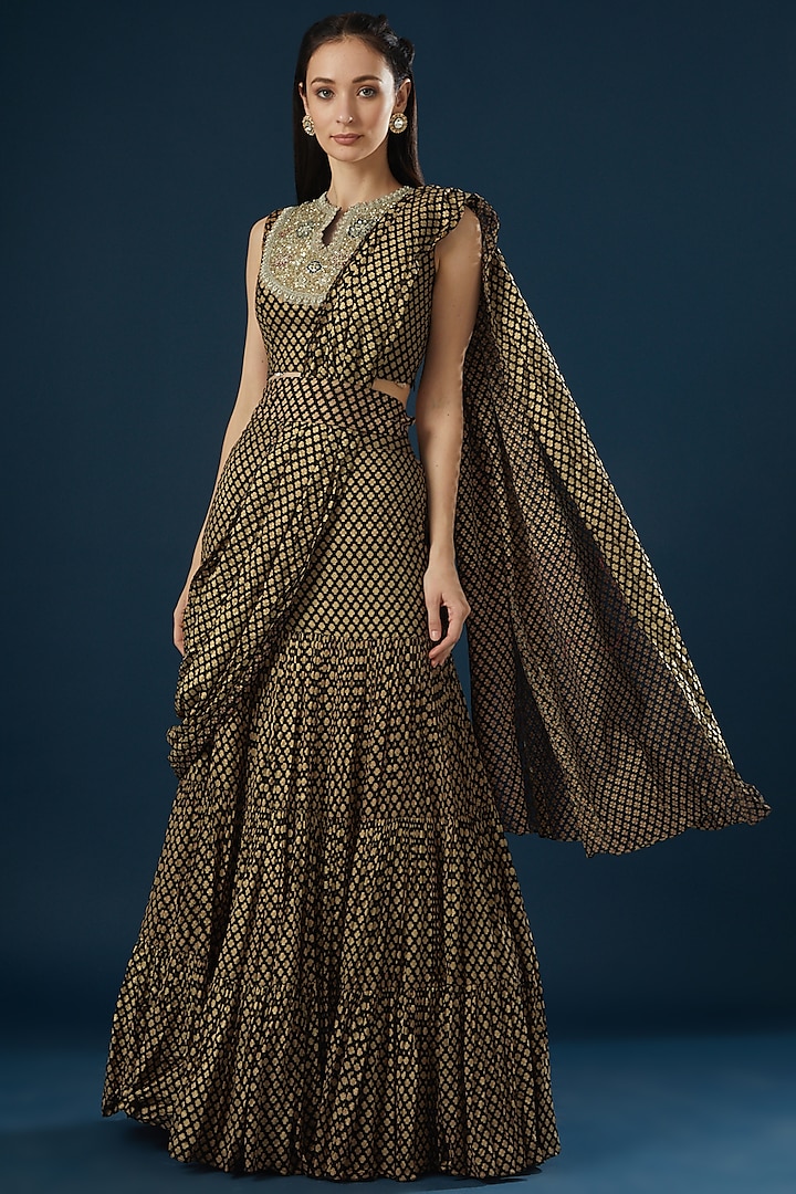 Black Georgette Mogra Printed Pre-Stitched Saree Set by Bhumika Sharma