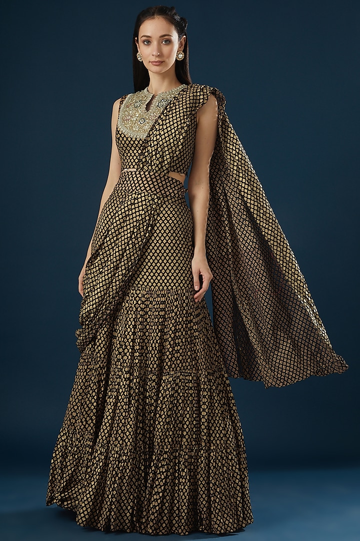 Black Printed Pre-Stitched Saree Set by Bhumika Sharma