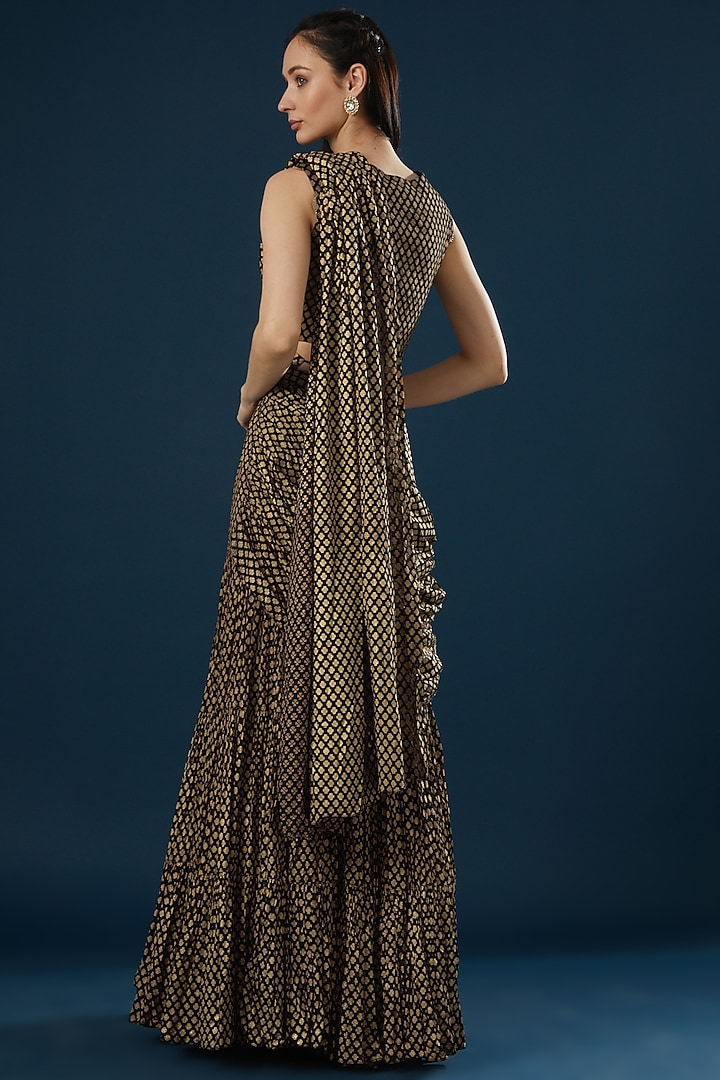 Black Georgette Mogra Printed Pre-Stitched Saree Set by Bhumika Sharma at Pernia's Pop Up Shop
