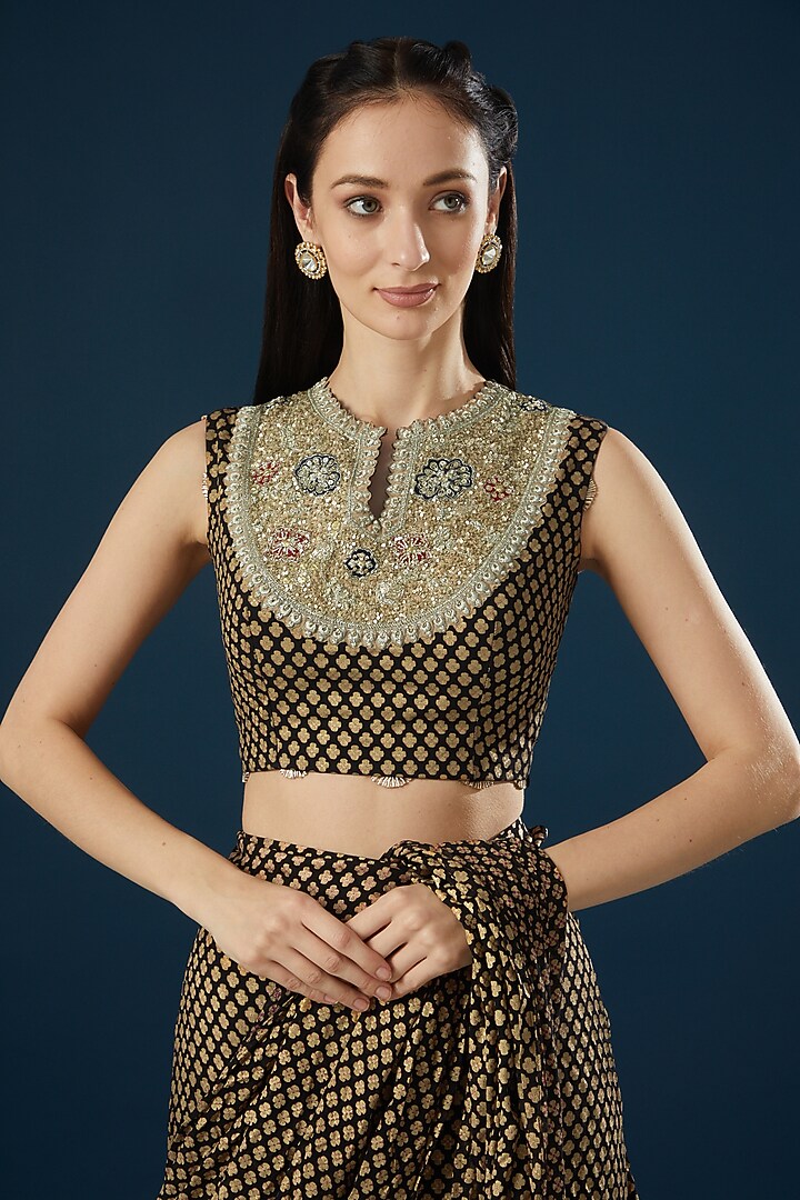 Black Georgette Mogra Printed Pre-Stitched Saree Set by Bhumika Sharma at Pernia's Pop Up Shop