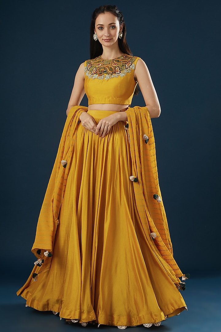 Yellow Silk Lehenga Set by Bhumika Sharma