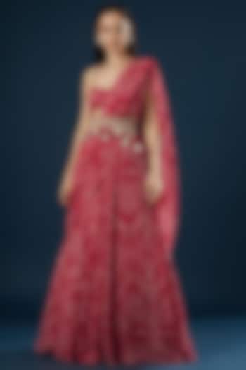 Red Georgette Geometric Printed Pre-Stitched Wedding Saree Set by Bhumika Sharma at Pernia's Pop Up Shop