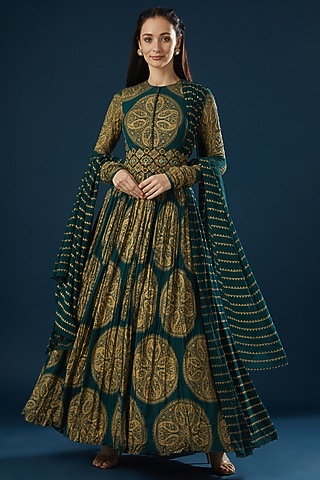 Teal Green Printed Anarkali Set by Bhumika Sharma