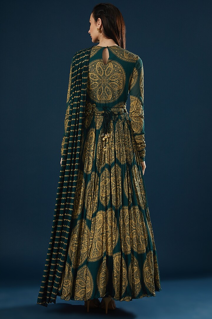 Teal Green Printed Wedding Anarkali Set by Bhumika Sharma at Pernia's Pop Up Shop