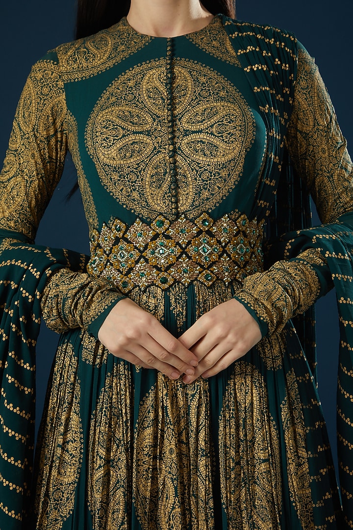 Teal Green Printed Wedding Anarkali Set by Bhumika Sharma at Pernia's Pop Up Shop