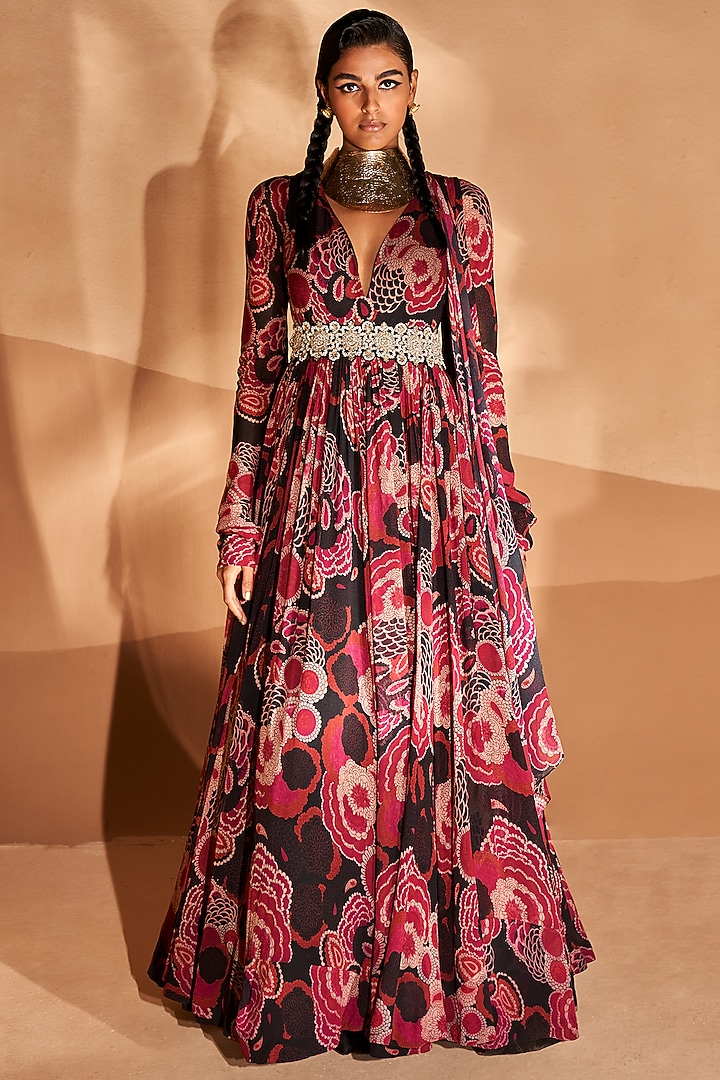 Black & Red Printed Wedding Anarkali Set by Bhumika Sharma at Pernia's Pop Up Shop