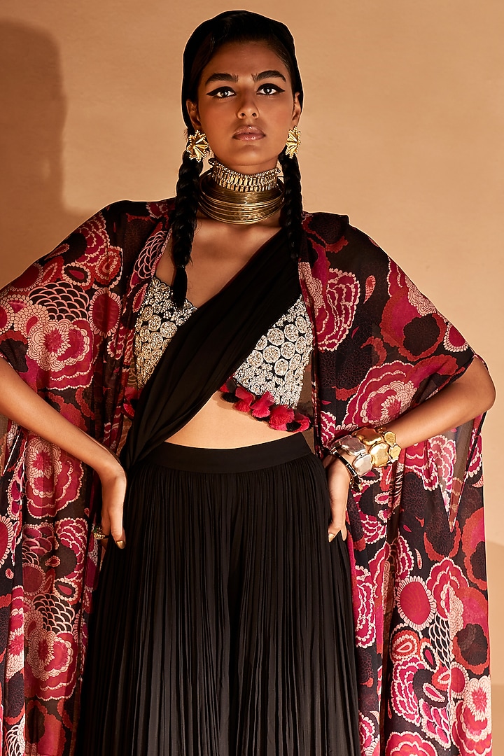 Black Georgette Palazzo Pant Wedding Saree Set
 by Bhumika Sharma at Pernia's Pop Up Shop