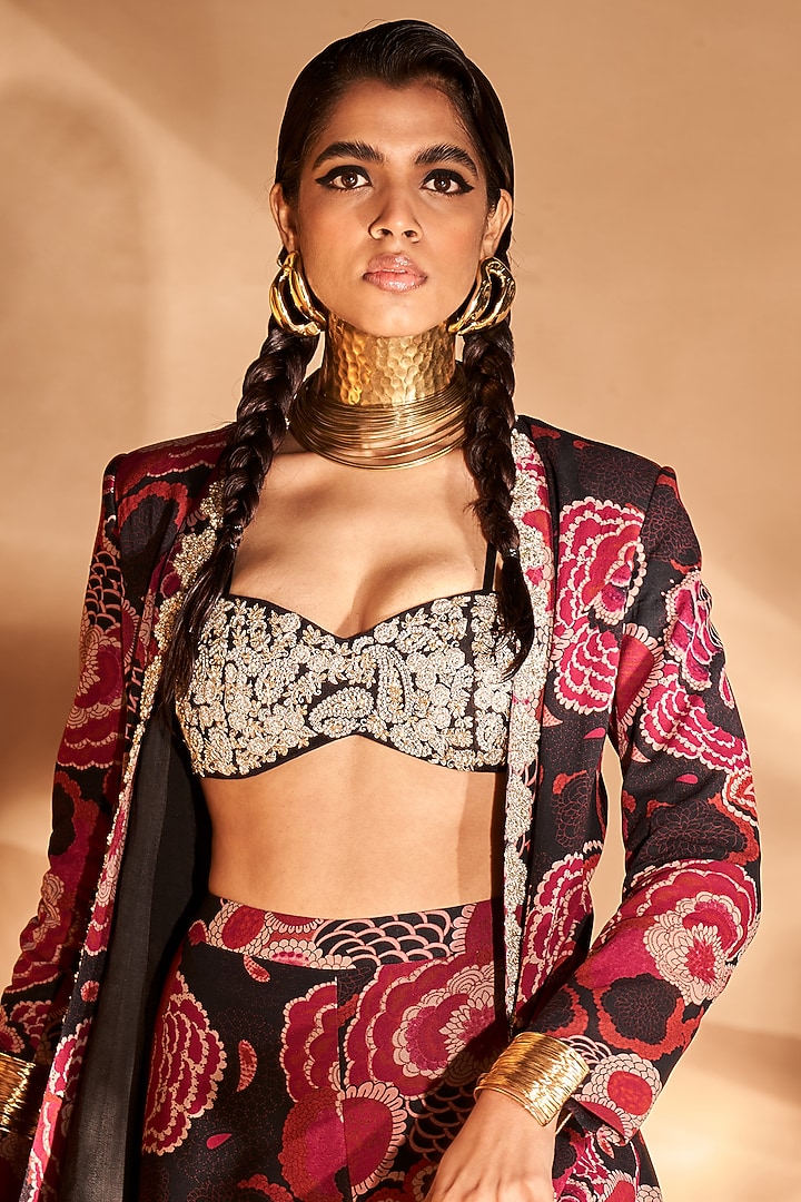 Black & Red Embroidered Jacket Set by Bhumika Sharma at Pernia's Pop Up Shop