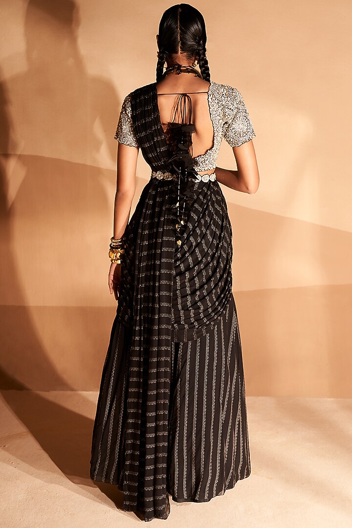 Black Georgette Nurekha Printed Pre-Stitched Saree Set by Bhumika Sharma at Pernia's Pop Up Shop