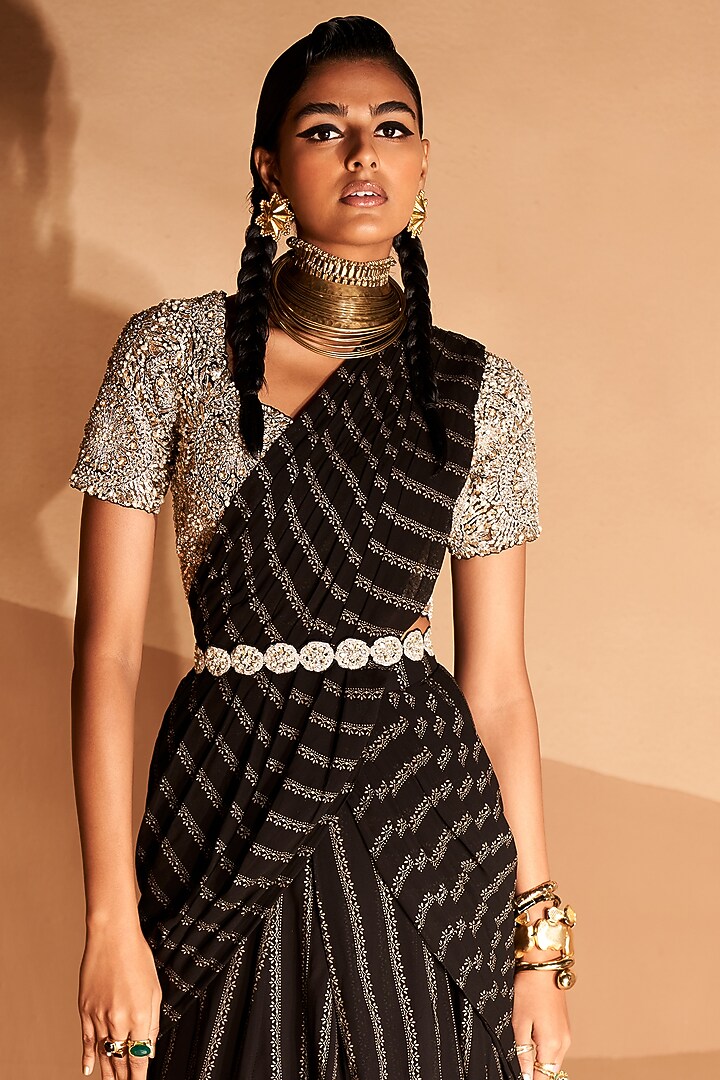 Black Georgette Nurekha Printed Pre-Stitched Saree Set by Bhumika Sharma at Pernia's Pop Up Shop