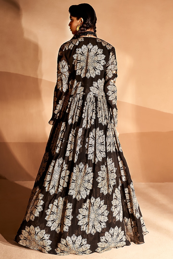 Black Printed & Embroidered Wedding Anarkali Set by Bhumika Sharma at Pernia's Pop Up Shop