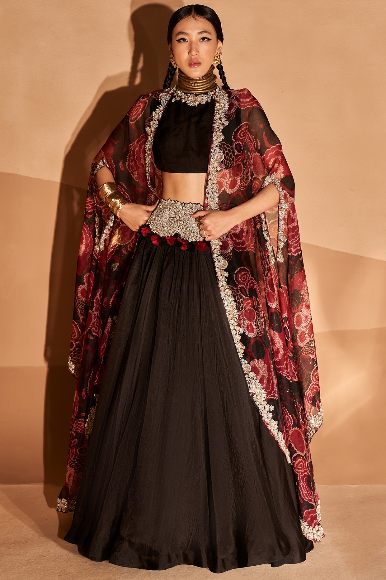 Buy Jet Black Skirt And Crop Top With Cut Dana Work And Organza Jacket  Online - Kalki Fashion