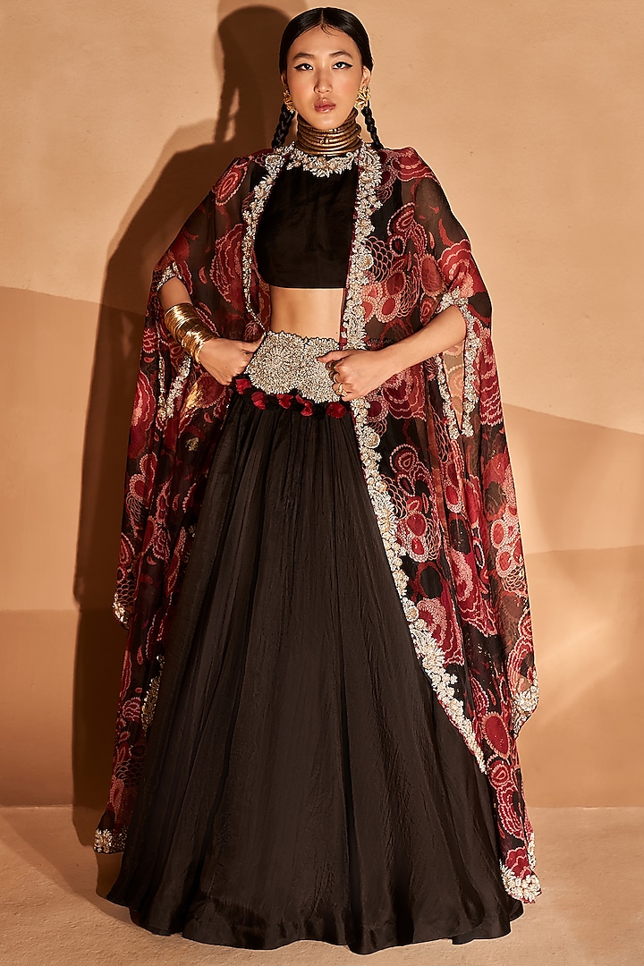 Black Organza Jacket Lehenga Set by Bhumika Sharma