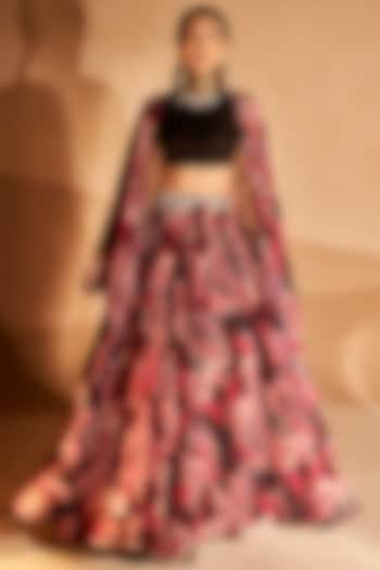 Black & Red Georgette Printed Wedding Lehenga Set by Bhumika Sharma at Pernia's Pop Up Shop